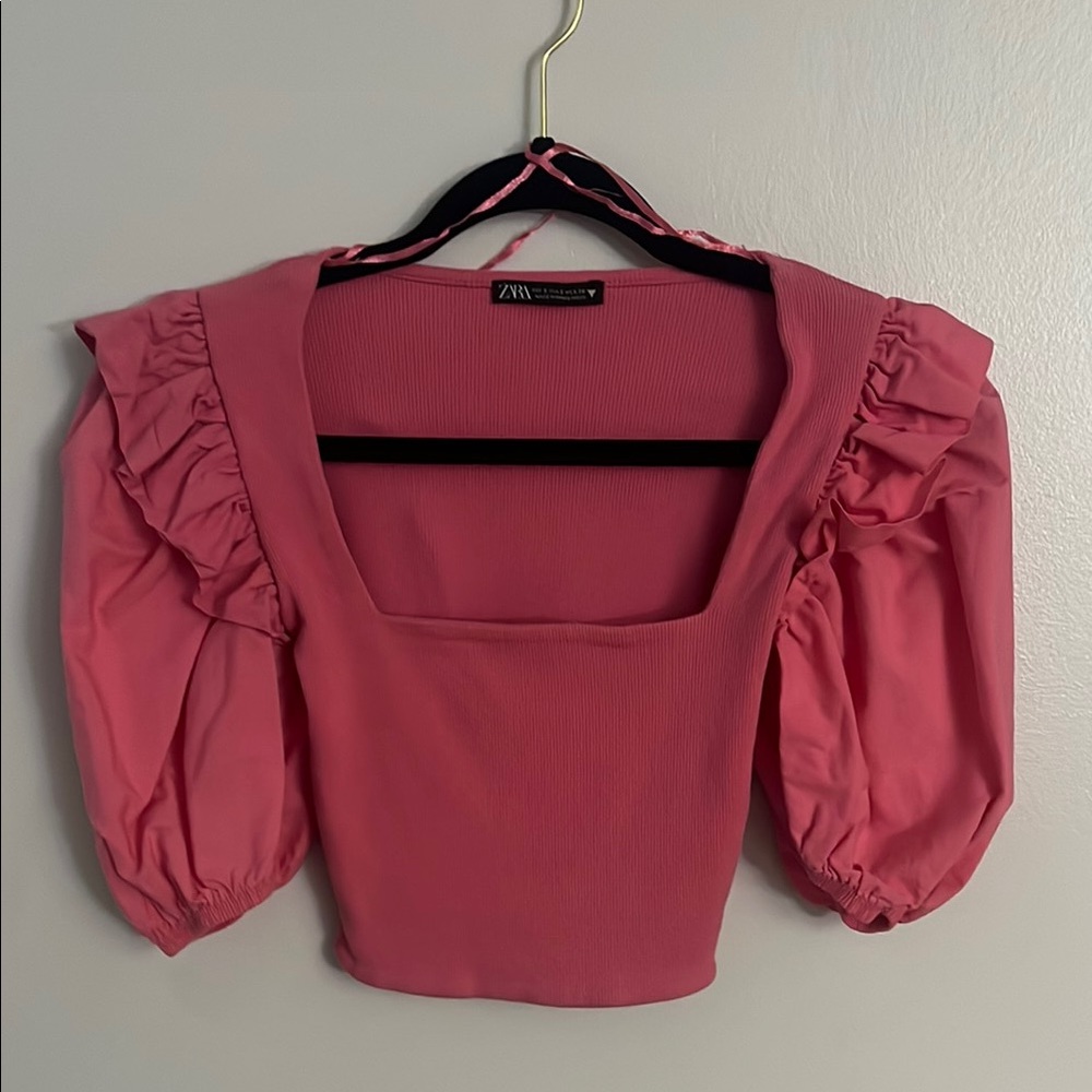 Zara Pink Puff Sleeve Ruffled Crop Blouse